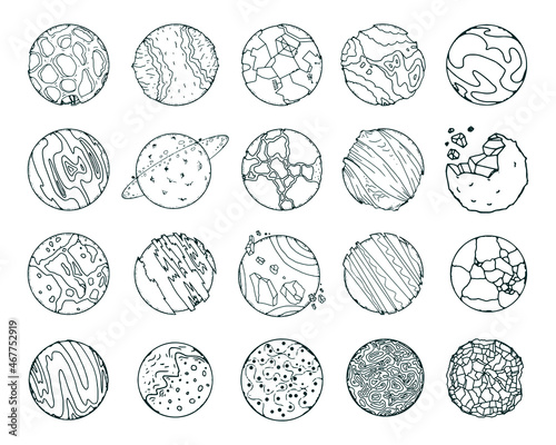Collection of monochrome illustrations of planets in sketch style. Hand drawings in art ink style. Black and white graphics.