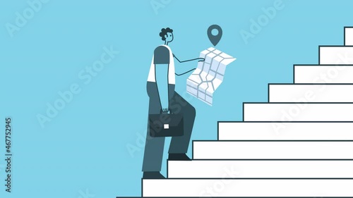 Businessman with briefcase climb the stairs with GPS Map. Flat Design Man Cartoon Character Isolated Loop 2d Animation