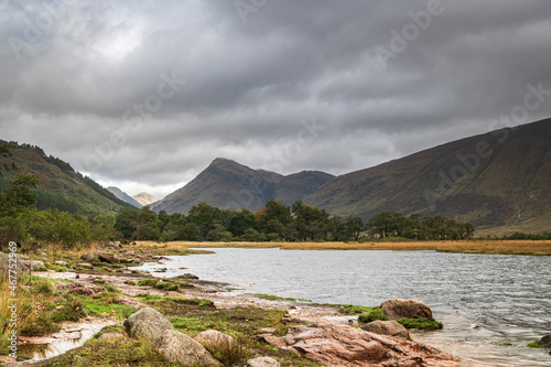 A grey autumnal 3 shot HDR image of Upper Loch Etive looking into Glen Etive, Argyll and Bute, Scotland