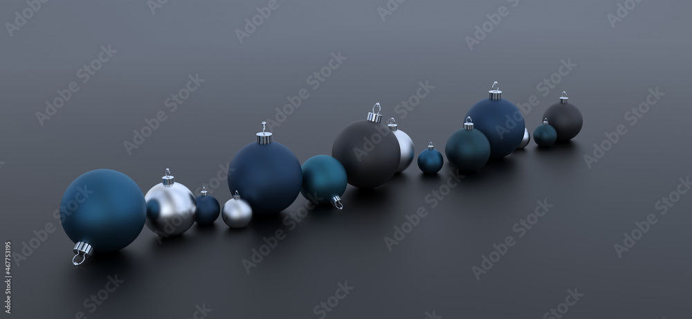 elegant uprising row of stylish dark matte blue petrol and turquoise christmas baubles balls banner copy space - 3d rendering illustration elegant uprising row of stylish dark matte blue petrol and turquoise christmas baubles balls banner copy space - 3d rendering illustration