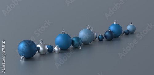 elegant uprising row of stylish light matte reflecting blue petrol and turquoise christmas baubles balls on grey wooden structured floor banner copy space - 3d rendering illustration