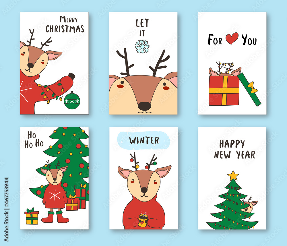 Christmas and New Year gift tags and cards 2022 with cute deer and christmas tree. . Hand drawn doodle design elements and calligraphy. Handwritten modern lettering. EPS