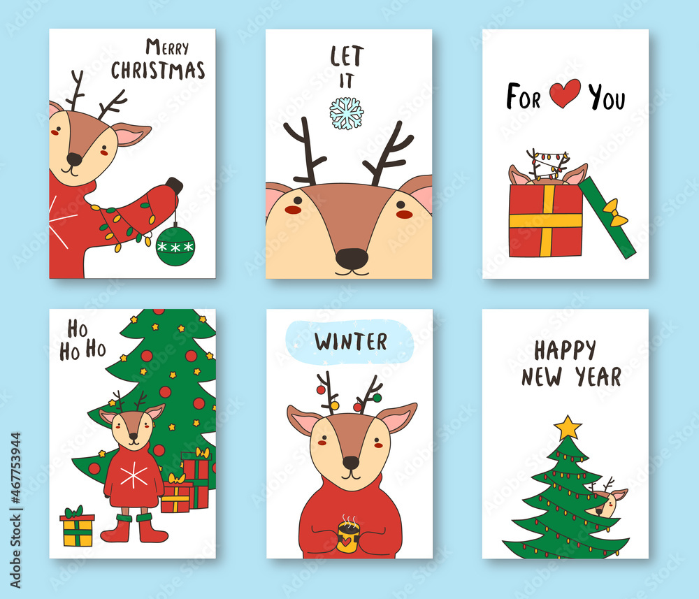 Fototapeta premium Christmas and New Year gift tags and cards 2022 with cute deer and christmas tree. . Hand drawn doodle design elements and calligraphy. Handwritten modern lettering. EPS
