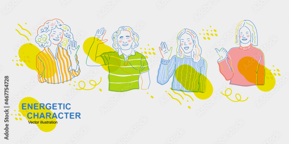 Illustration of a smiling character greeting, bust, line style combined with abstract color blocks Illustration of a smiling character greeting, bust, line style combined with abstract color blocks