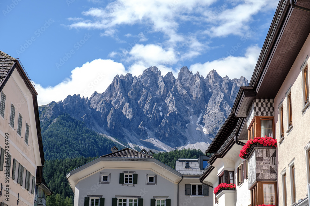 San Candido (Innichen) view with Baranci mountain in the Dolomites, South Tyrol, Italy