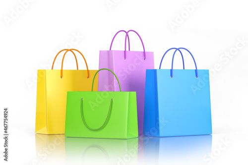 Group of colored paper bags. Isolated on white background. Retail, business and online trading concept. 3D illustration