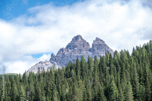 Panorama view of Tre Cime di Lavaredo from Misurina lake in Dolomites  Italy in summer