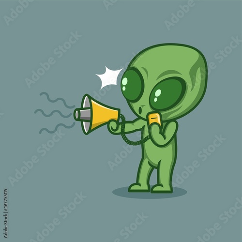cute cartoon alien protesting with loudspeaker. vector illustration for mascot logo or sticker