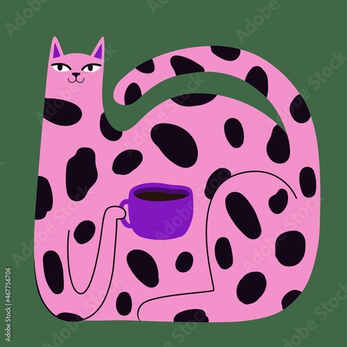 Vector illustration with huge pink cat drinking coffee from purple cup. Funny print design with hot drink and domestic animal