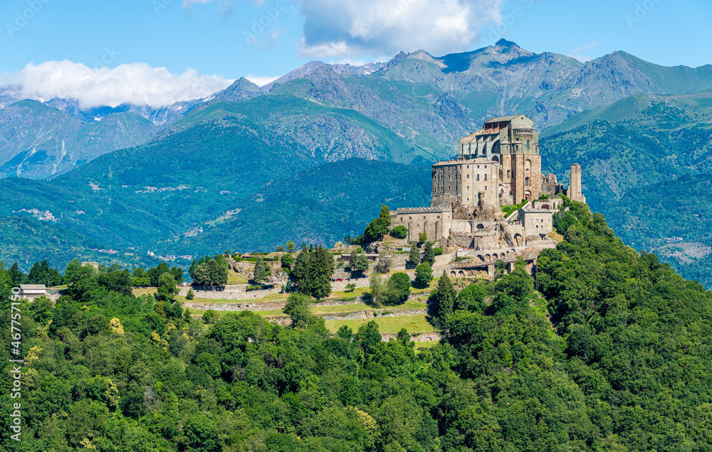 Scenic sight of the Sacra di San Michele (Saint Michael's Abbey). Province of Turin, Piedmont, Italy.
