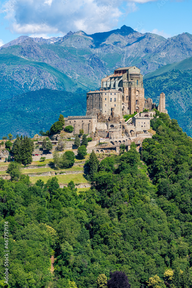 Scenic sight of the Sacra di San Michele (Saint Michael's Abbey). Province of Turin, Piedmont, Italy.