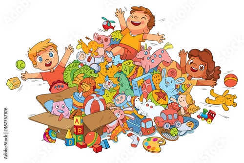 Children playing with toys. Kids and huge bunch of different and colored toys. Girl and a boy have fun jumping in a heap of various toys. Colorful cartoon characters. Funny vector illustration