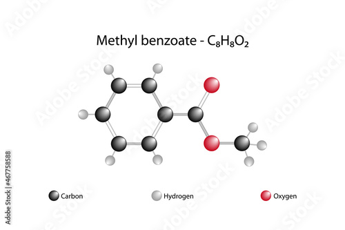 Molecular formula of methyl benzoate. Methyl benzoate has a pleasant odor strongly reminiscent of the fruit of the feijoa tree and is used in perfumery. photo