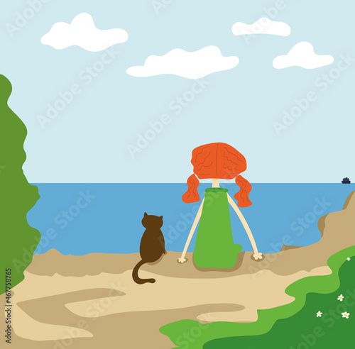 vector illustration, red-haired girl with a cat sitting on a cliff and looking into the distance at the sea on which the ship is sailing