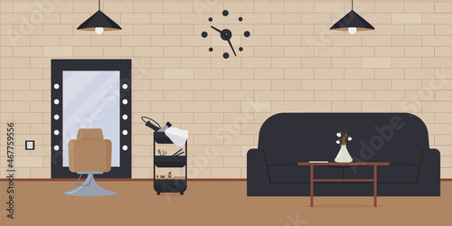 Interior of beauty salon in loft style.Empty, cozy barber shop with brick wall, mirrors, trolleys with hair dryers, hair straighteners,sofa.Workplace of hairdresser. Vector illustration