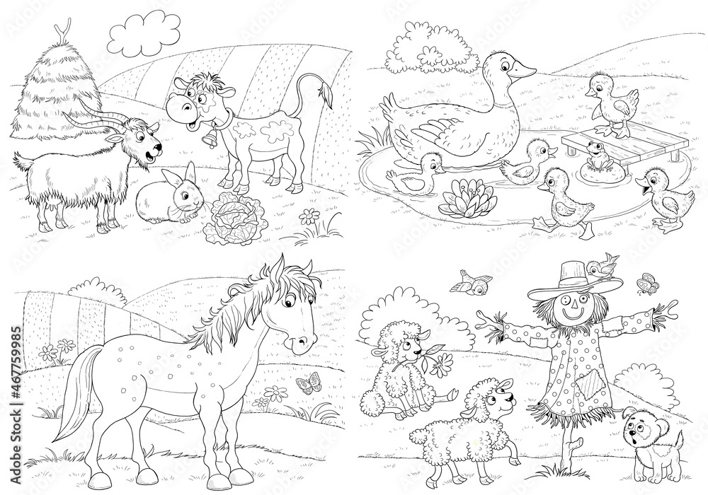 At the farm. Set of cute farm animals. Coloring book. Coloring page. Illustration for children. Cute and funny cartoon characters At the farm. Set of cute farm animals. Coloring book. Coloring page. Illustration for children. Cute and funny cartoon characters