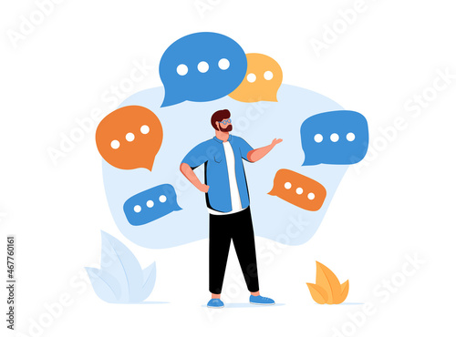 Person surrounded by speech bubbles. Concept of verbal communication skills, abilities, business speaker, communicating photo