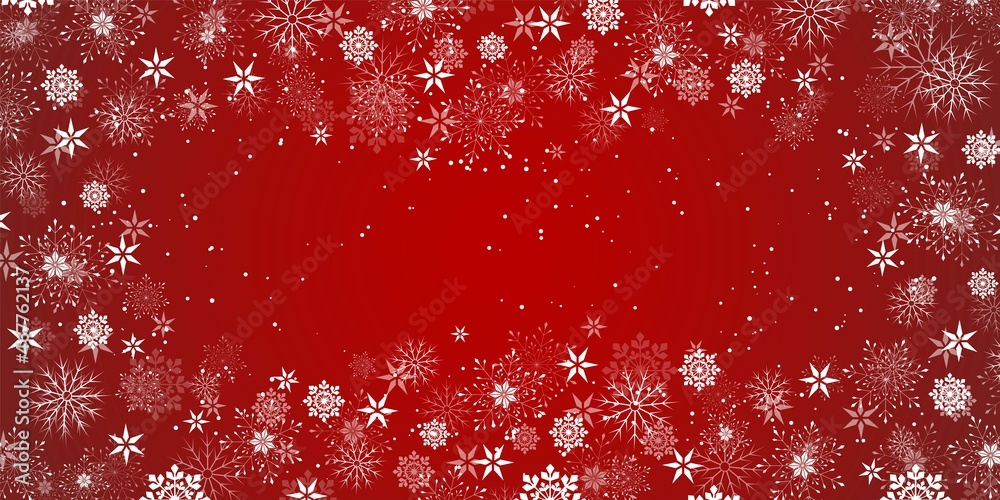 Vector. Winter snowflakes border trendy background. Frame flying close-up snowflakes border illustration, card or banner with confetti flakes scatter frame, snowy elements. Freeze cold. Red.
