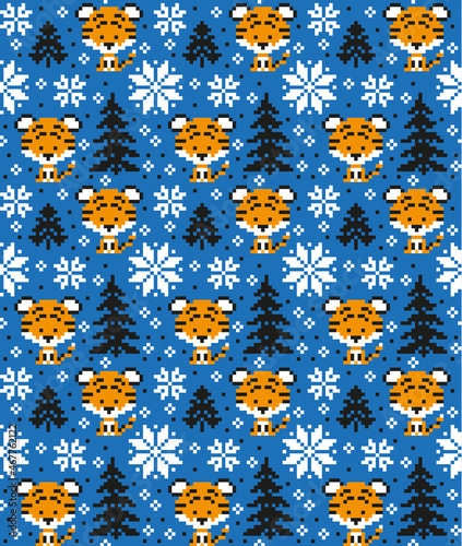 Knitted Christmas and New Year pattern in Tiger. Wool Knitting Sweater Design. Wallpaper wrapping paper textile print.