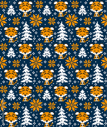 Knitted Christmas and New Year pattern in Tiger. Wool Knitting Sweater Design. Wallpaper wrapping paper textile print.