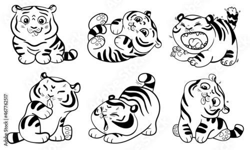 Black and white drawing of funny little tiger. Symbol of the Chinese New Year. Cartoon characters. Funny vector illustration. Isolated on white background. Coloring book or tattoo. Set