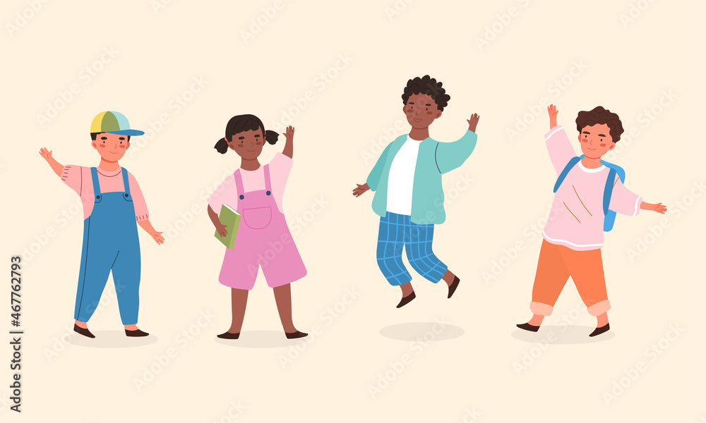 Set of kids. Collection of friends who play ball, rest after school. Characters first graders, back to school, preschoolers, teens. Cartoon flat vector illustrations isolated on beige background Set of kids. Collection of friends who play ball, rest after school. Characters first graders, back to school, preschoolers, teens. Cartoon flat vector illustrations isolated on beige background
