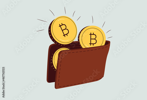 Cute happy purse is full of bitcoins. Crypto wallet, cryptocurrency coins concept. Thin line kawaii vector illustration.