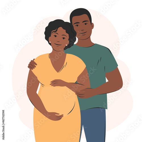 Future parents. Child expectation, new life, happy African American family. Vector illustration.