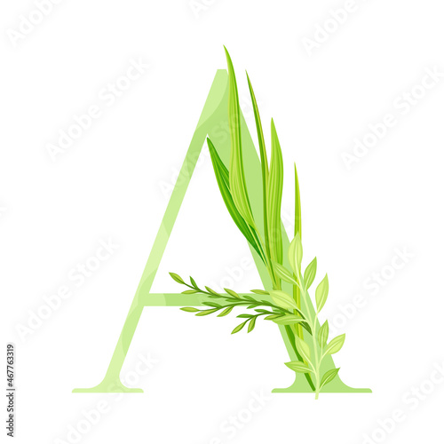 Alphabet Letter A Decorated with Green Foliage and Leaf Vector Illustration