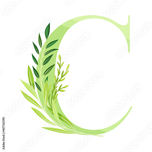 Alphabet Letter C Decorated with Green Foliage and Leaf Vector Illustration
