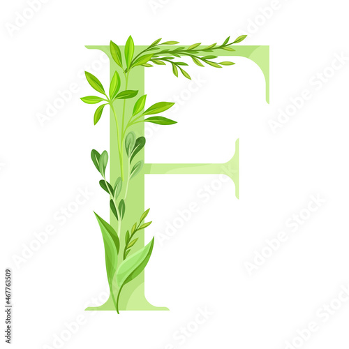 Alphabet Letter F Decorated with Green Foliage and Leaf Vector Illustration