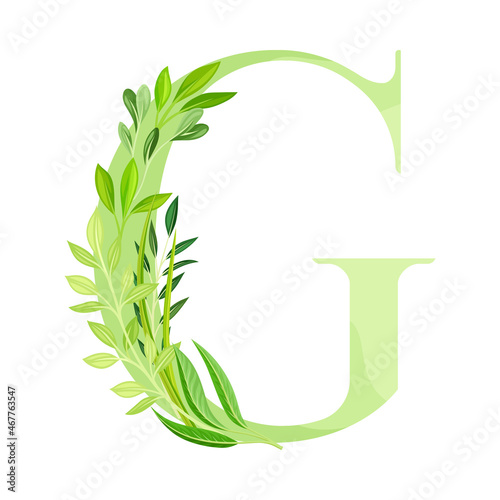 Alphabet Letter G Decorated with Green Foliage and Leaf Vector Illustration