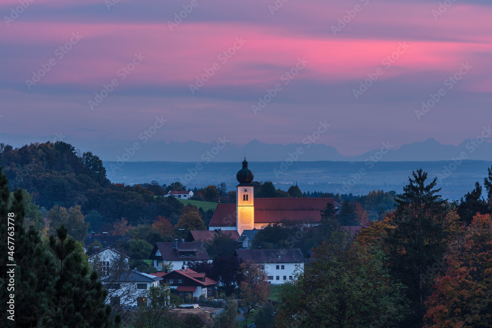 Grafling Valley sunset with St Andreas Church, Deggendorf County, Lower Bavaria, Germany