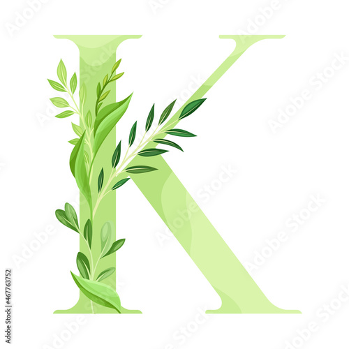Alphabet Letter K Decorated with Green Foliage and Leaf Vector Illustration