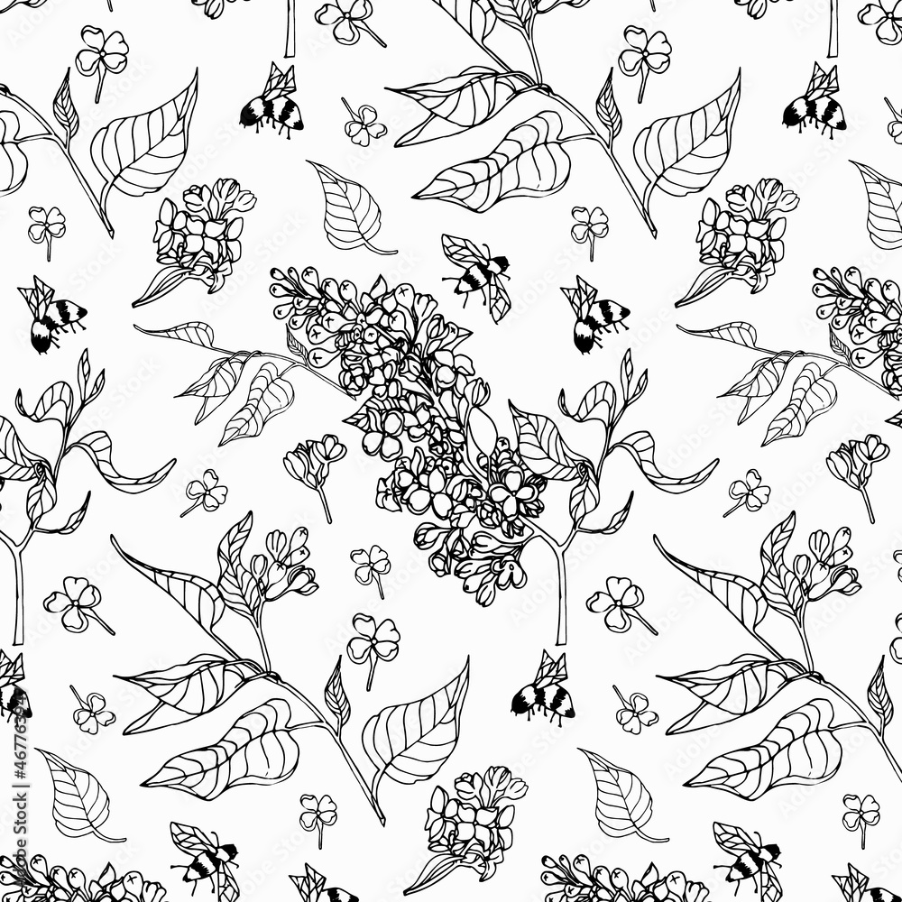 Pattern with lilac branches, flowers and leaves. Hand-drawn black and white vector illustration. Pattern with lilac branches, flowers and leaves. Hand-drawn black and white vector illustration.