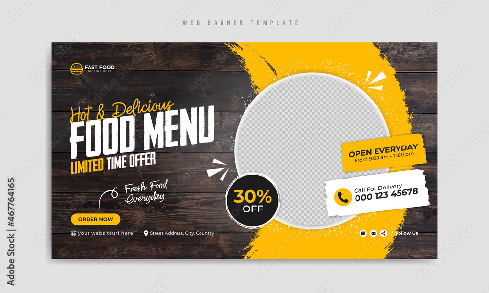 Fast food restaurant menu social media marketing web banner template design. Pizza, burger & healthy food business online promotion flyer with abstract background, logo & icon. Sale cover.        - obrazy, fototapety, plakaty 