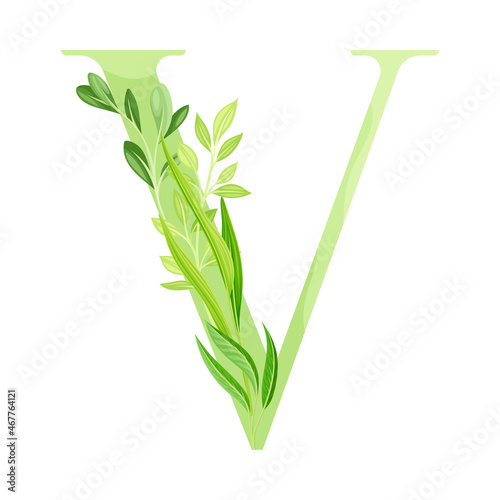 Capital Alphabet Letter V Decorated with Green Foliage and Leaf Vector Illustration