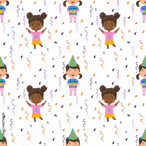 Seamless birthday pattern with kids. Boys and girls with ballons