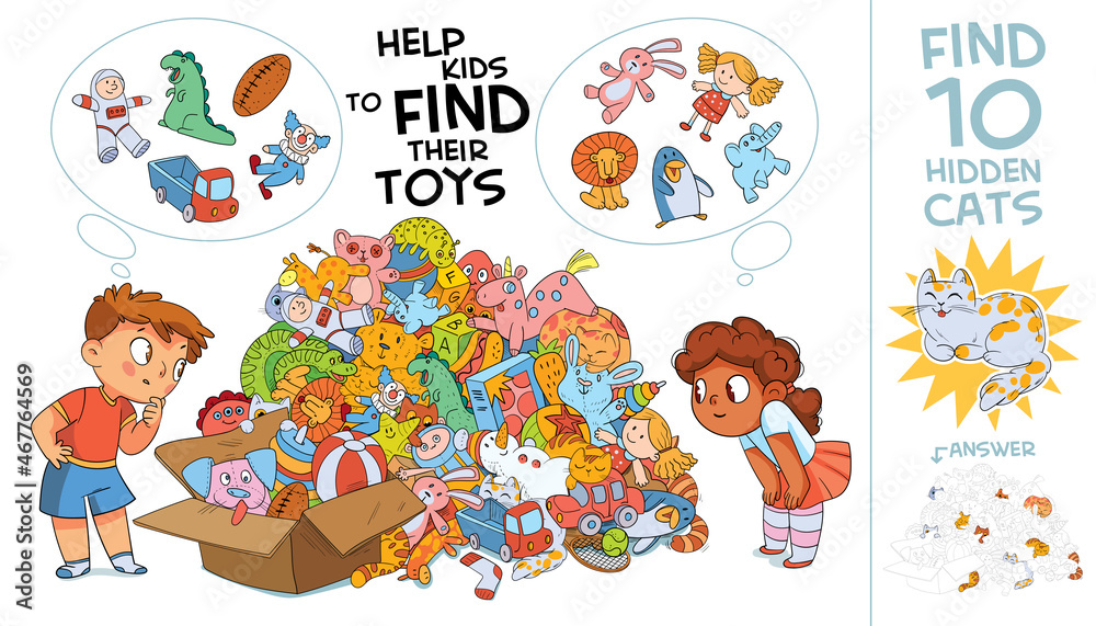 Help kids find their toys. Find 10 hidden cats. Children and huge bunch of  different and