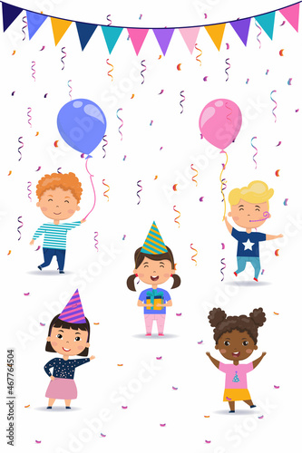 Birthday set with kids, confetti, flags and ballons