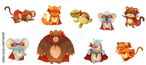 Animal Characters Superhero Dressed in Mask and Red Cape or Cloak Vector Set