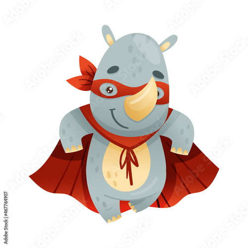 Horned Rhinoceros Animal Superhero Dressed in Mask and Red Cape or Cloak Vector Illustration