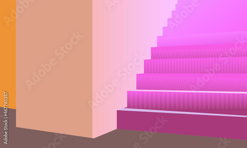 illustration of the interior of the corridor with steps in the style of minimalism and in beige and pink tones for printing on decorative panels and stage interiors