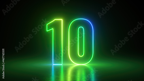 3d render, number nine glowing in the dark with green blue neon light