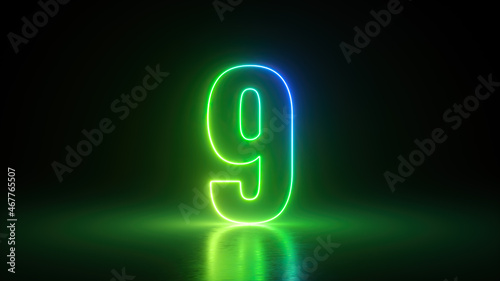 3d render, number nine glowing in the dark with green blue neon light photo