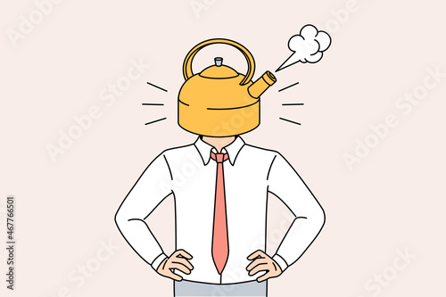Stress and overwork exhaustion concept. Businessman body with boiling kettle instead of head meaning stress and rage vector illustration 