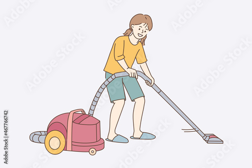 Vacuum cleaning and housework concept. Smiling girl cartoon character standing making vacuum cleaning at work vector illustration 