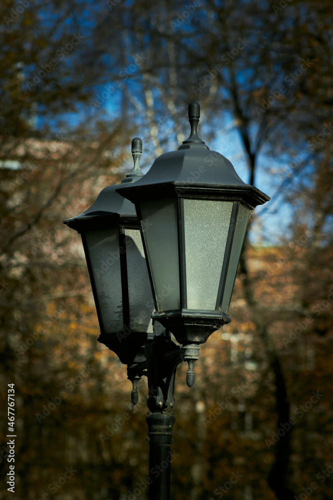 Lantern in the city park in autumn. Park lighting. Lantern in the autumn forest. City lantern in the park area. Vintage lantern.