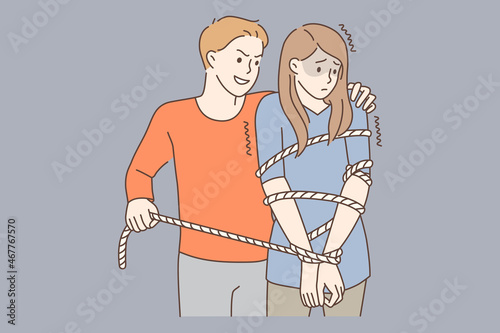 Victim of harassment abuse concept. Young sad unhappy woman standing stuck in net with angry man abusing her nearby vector illustration 