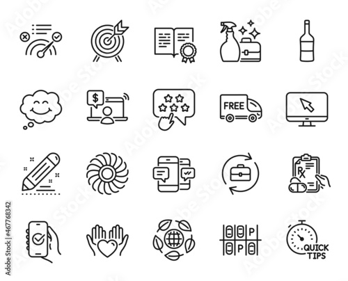 Vector set of Correct answer, Brand contract and Wine line icons set. Approved app, Prescription drugs and Cleanser spray icons. Archery, Quick tips and Smartphone sms signs. Vector